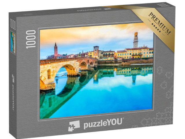 Puzzle 1000 pezzi „La bella Verona con l'Adige e il Ponte di Pietra, Italia“