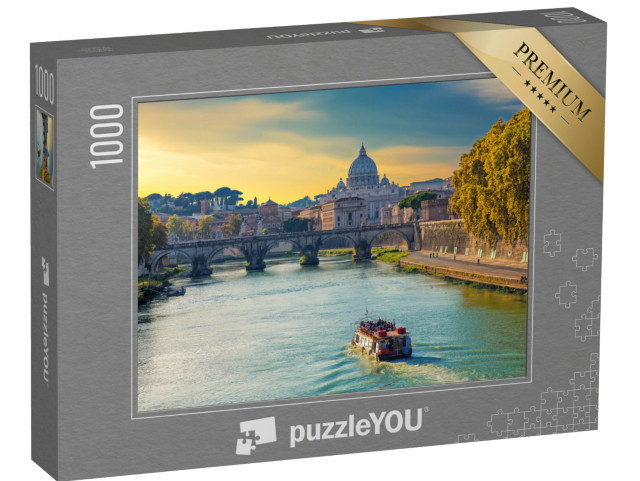 Puzzle 1000 pezzi „Imbarcazione turistica in navigazione sul Tevere di sera, con la basilica di San Pietro sullo sfondo Roma“