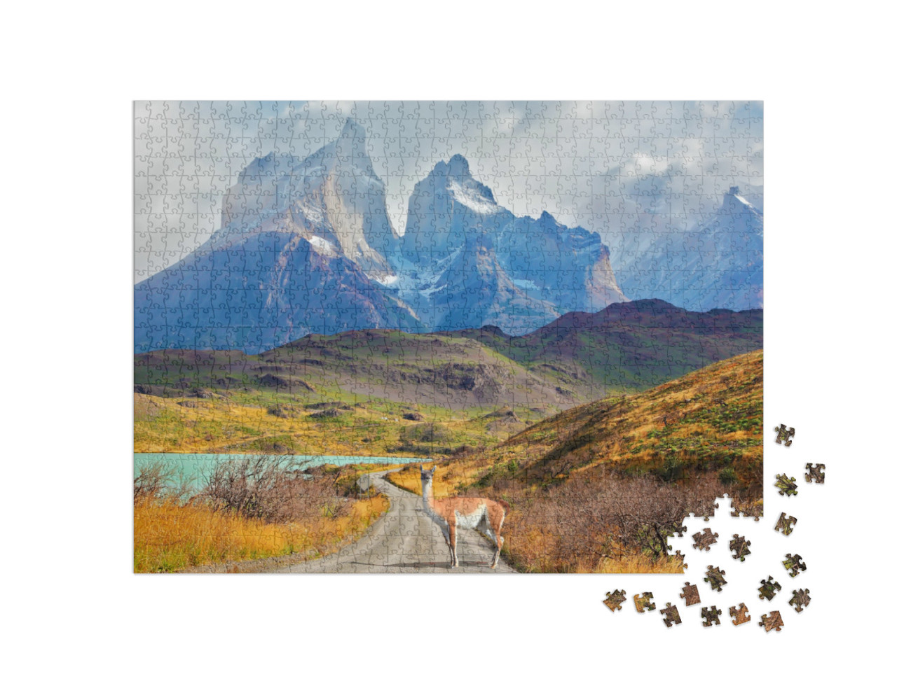 Puzzle 1000 pezzi „La cima di Los Kuernos sopra il lago Pehoe, Patagonia, Cile“