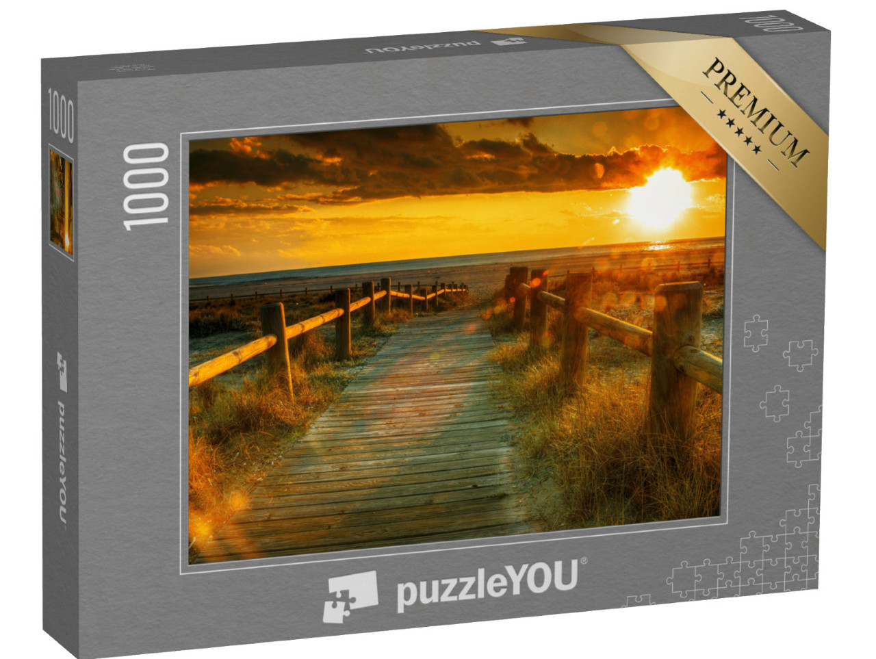 Puzzle 1000 pezzi „Passerella in legno verso il tramonto sulla spiaggia“