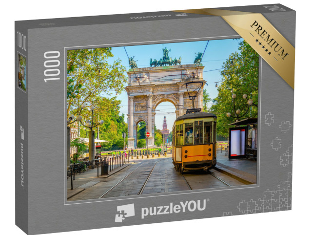Puzzle 1000 pezzi „Vista dell'Arco della Pace con il tram giallo a Milano, Italia“