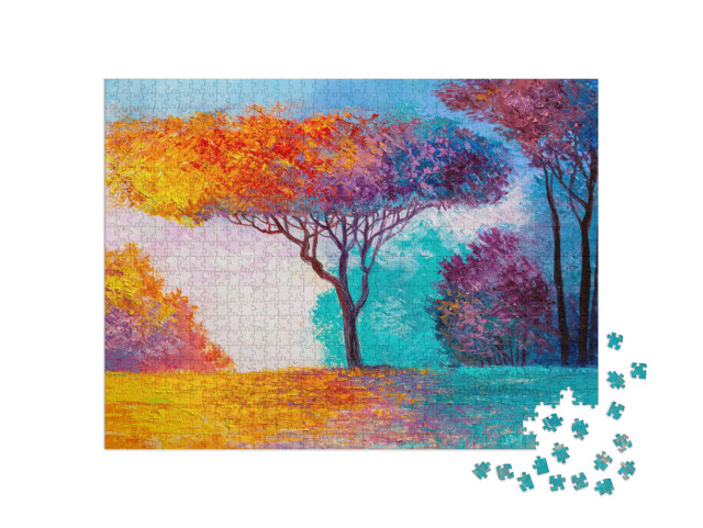 Puzzle 1000 pezzi „Pittura ad olio: foresta autunnale colorata impressionista“