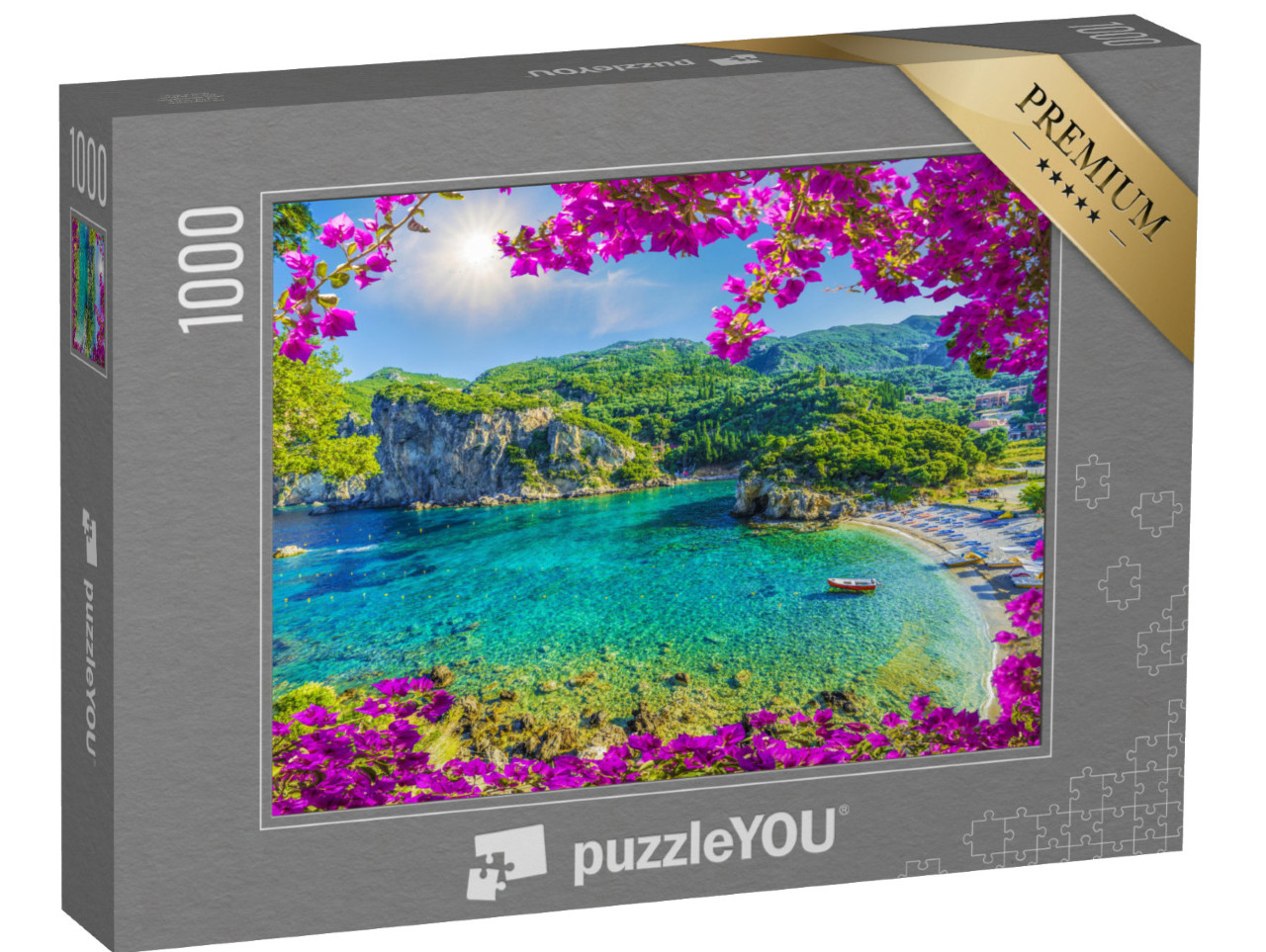 Puzzle 1000 pezzi „Baia con acqua cristallina a Paleokastritsa, isola di Corfù, Grecia“