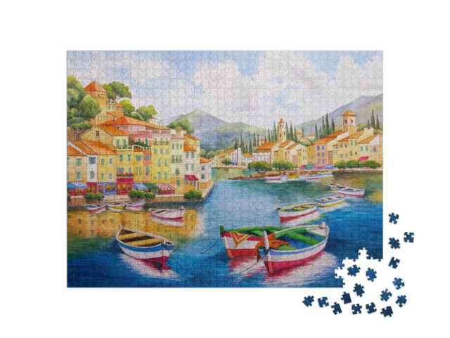 Puzzle 1000 pezzi „Acquerello disegnato a mano di Portofino panoramica, villaggio costiero, edifici colorati, barche“
