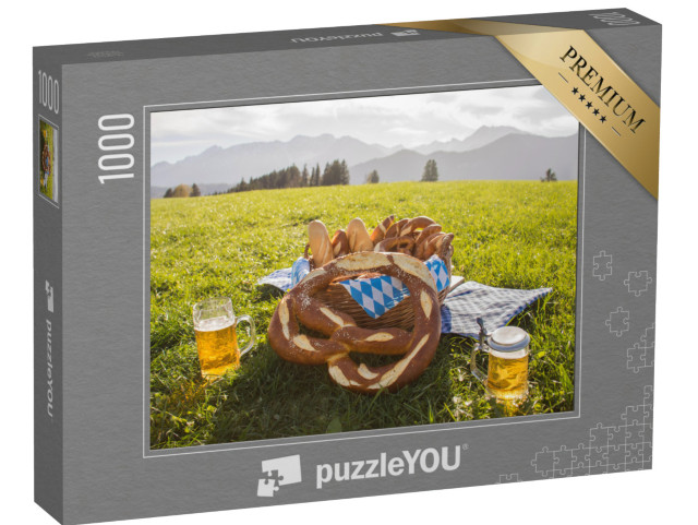 Puzzle 1000 pezzi „Pretzel con birra, spuntino in Baviera, Allgäu, Germania“