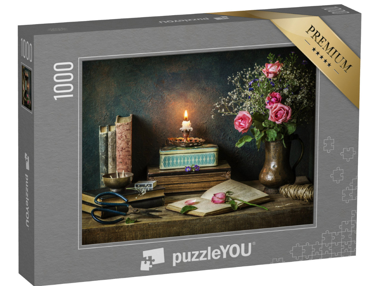 Puzzle 1000 pezzi „Natura morta con vecchi libri, scatole e rose“