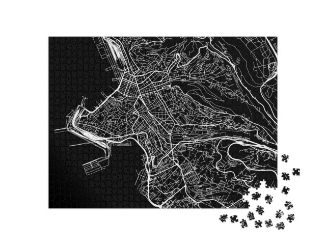 Puzzle 1000 pezzi „Mappa stradale vettoriale in formato quadrato della città di Trieste con strade bianche su sfondo nero“