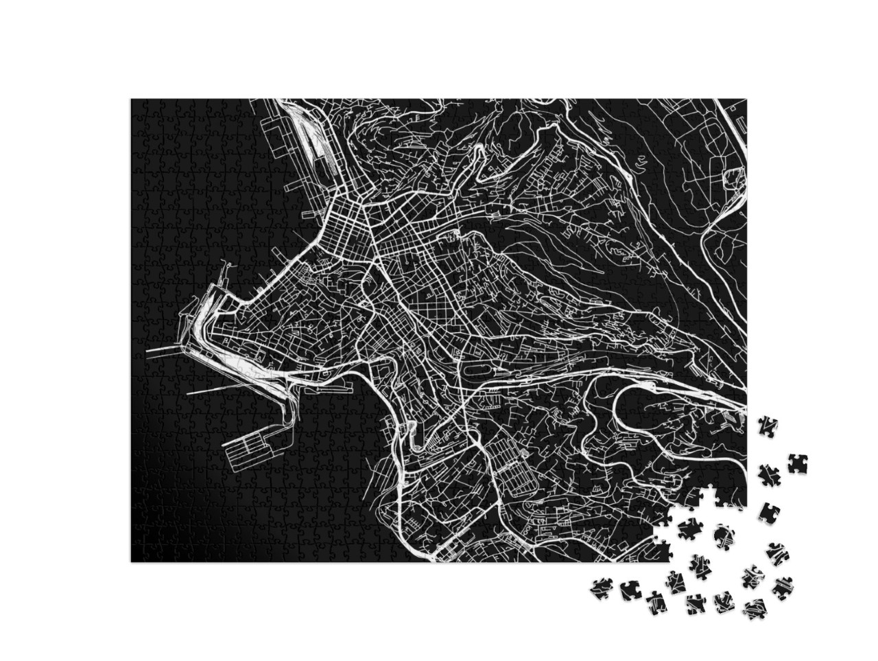 Puzzle 1000 pezzi „Mappa stradale vettoriale in formato quadrato della città di Trieste con strade bianche su sfondo nero“