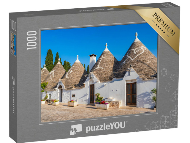 Puzzle 1000 pezzi „Famosi trulli storici in pietra a secco con tetti conici ad Alberobello, Italia“