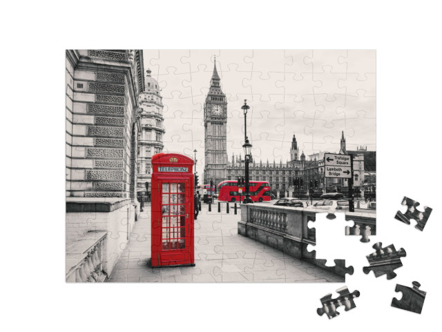 Puzzle 100 pezzi „Cabina telefonica rossa: simbolo di Londra, Inghilterra“