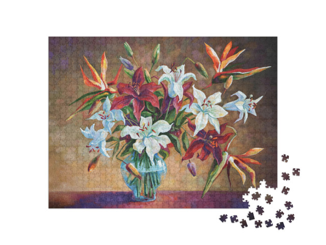 Puzzle 1000 pezzi „Dipinto a olio: Strelitzia tra i gigli, Nikolai Sivenkov“