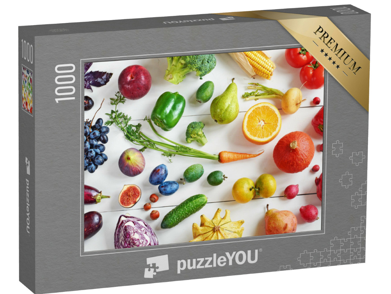 Puzzle 1000 pezzi „Frutta e verdura su un tavolo bianco“