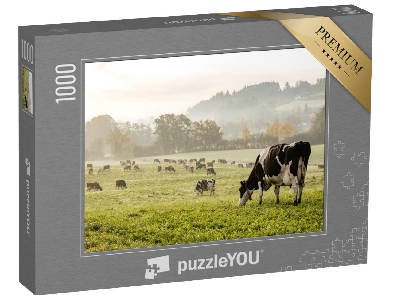 Puzzle 1000 pezzi „Mucche di razza Holstein in una mattina d'autunno in Svizzera“