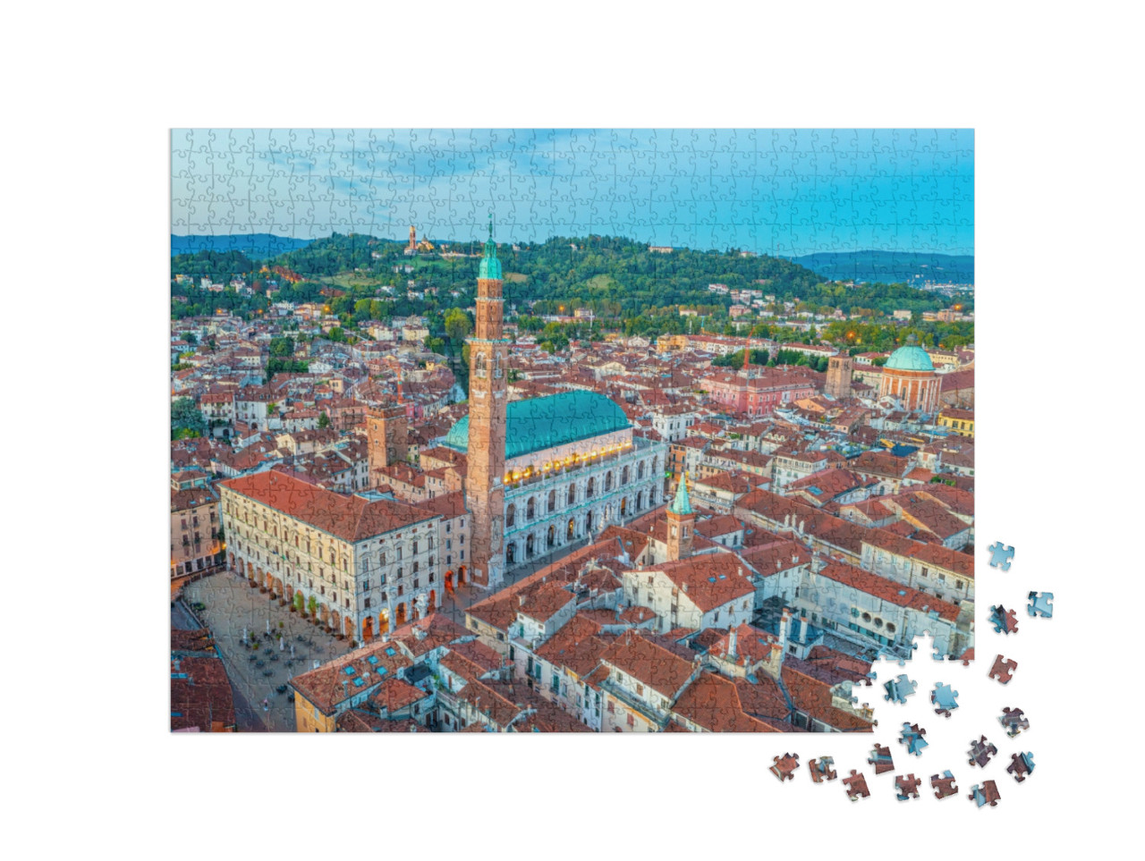Puzzle 1000 pezzi „Vista aerea dell'alba della Basilica Palladiana in Piazza dei Signori, nella città italiana di Vicenza.“
