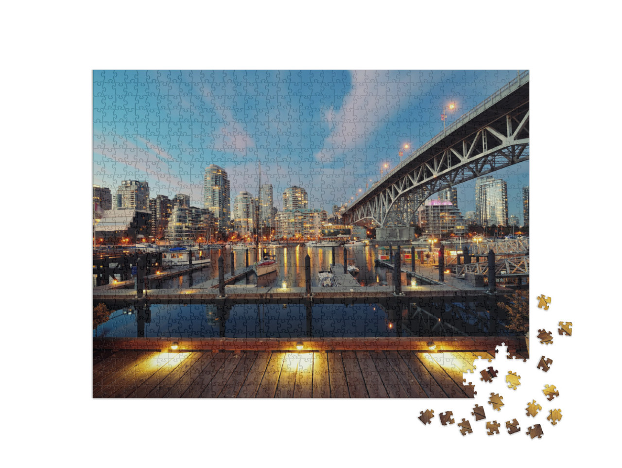 Puzzle 1000 pezzi „Vancouver False Creek di notte con ponte e barca“