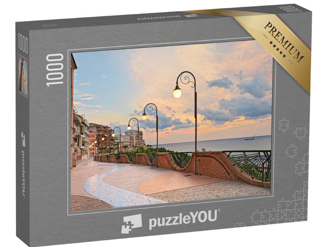 Puzzle 1000 pezzi „Ortona, Abruzzo, Italia: lungomare all'alba, bella terrazza con lampione sul mare Adriatico“