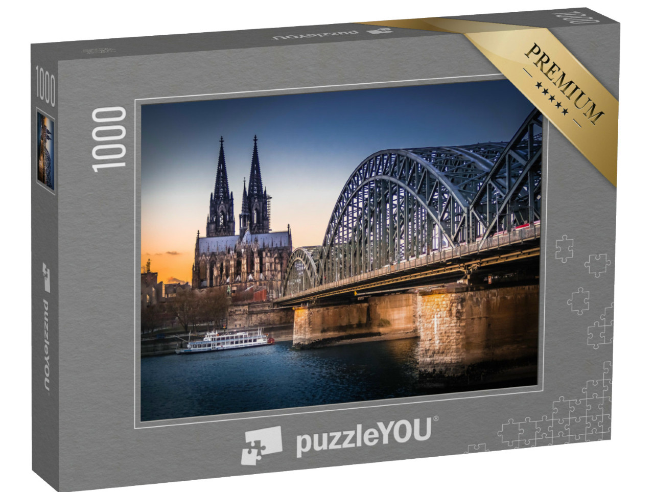 Puzzle 1000 pezzi „Patrimonio mondiale dell'UNESCO: la Cattedrale di Colonia, con il Ponte Hohenzollern in primo piano“