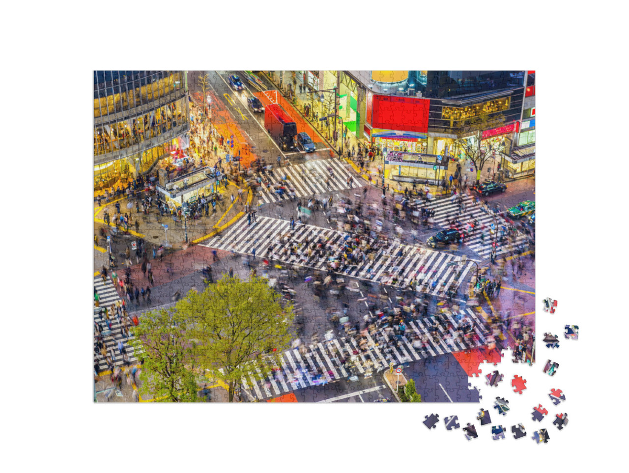 Puzzle 1000 pezzi „Vista dell'incrocio di Shibuya, uno degli attraversamenti zebrati più trafficati, Tokyo, Giappone“