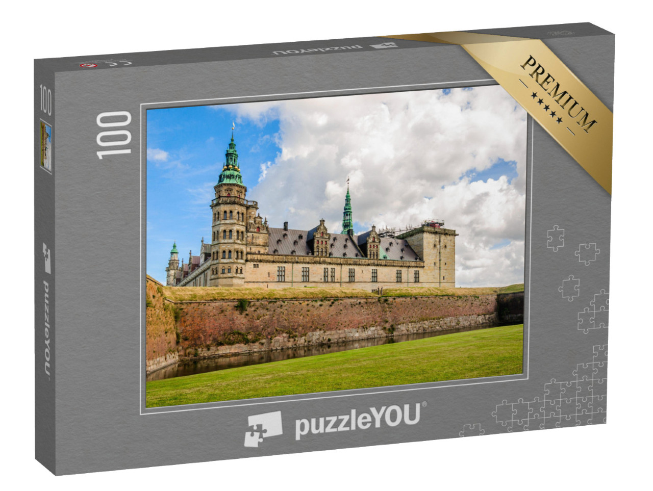 Puzzle 100 pezzi „Vista panoramica del muro di mattoni intorno al castello di Kronborg a Helsingor“