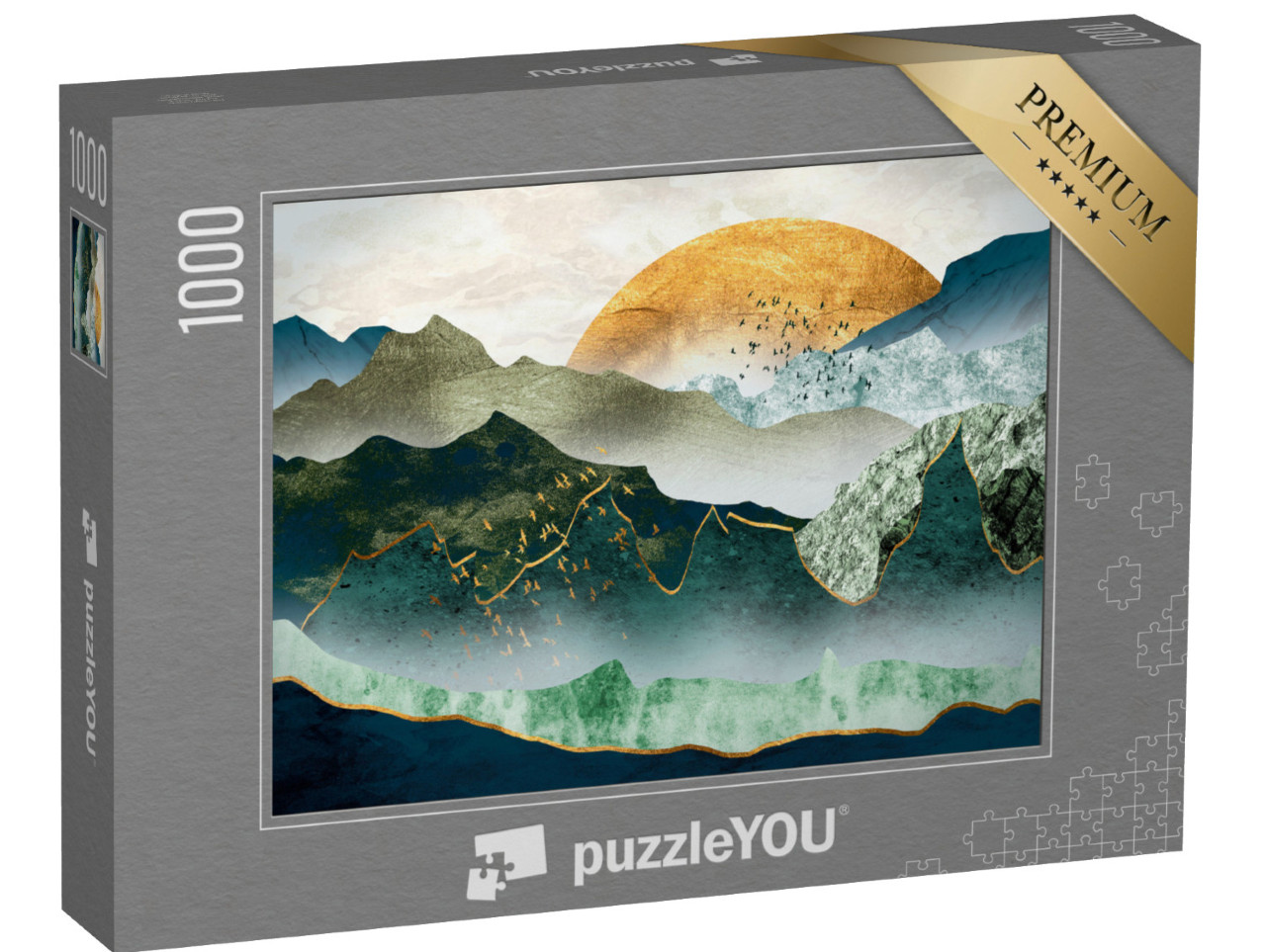 Puzzle 1000 pezzi „Montagne verde-oro al tramonto, stormo di uccelli“