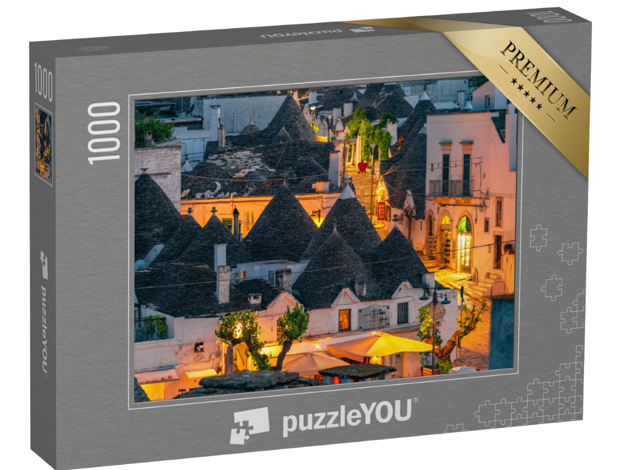 Puzzle 1000 pezzi „Trulli di Alberobello, Puglia, Italia. città di Alberobello con case a trulli tra piante verdi e fiori“