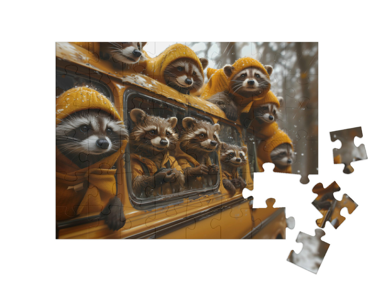 Puzzle 48 pezzi „Il viaggio in autobus dei procioni“