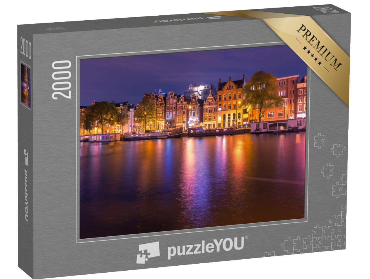 Puzzle 2000 pezzi „Incantevole canale di notte ad Amsterdam, Paesi Bassi.“