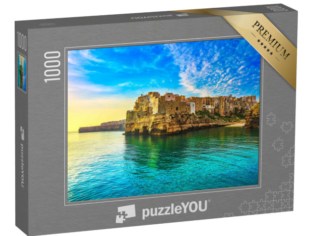 Puzzle 1000 pezzi „Polignano a Mare, villaggio sulle rocce all'alba, Bari, Puglia, Italia meridionale, Europa“