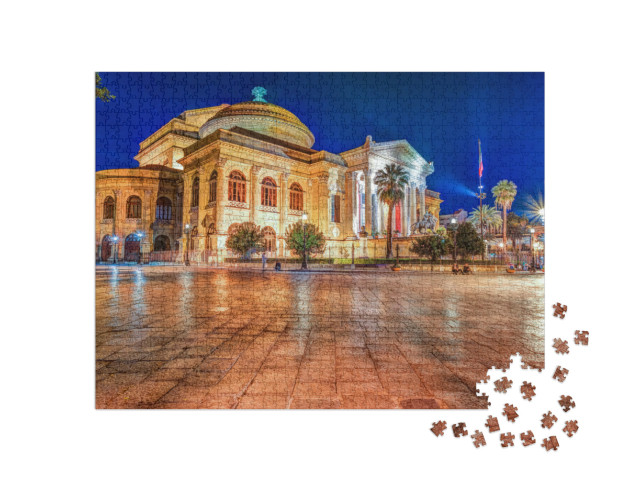 Puzzle 1000 pezzi „Vista serale del Teatro Massimo - Teatro dell'Opera e del Balletto in Piazza Verdi, Palermo, Sicilia“