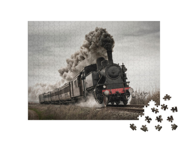 Puzzle 500 pezzi „Treno a vapore d'epoca con vecchia locomotiva e vecchie carrozze“