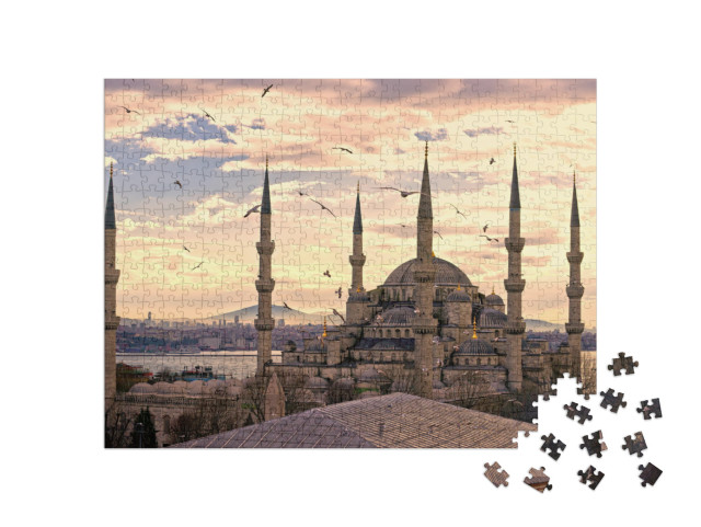 Puzzle 500 pezzi „Tramonto sulla Moschea Blu (Sultanahmet Camii), Istanbul, Turchia“