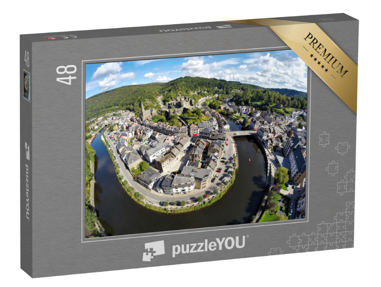 Puzzle 48 pezzi „Veduta aerea della città belga di La Roche-en-Ardenne con il fiume Ourthe“