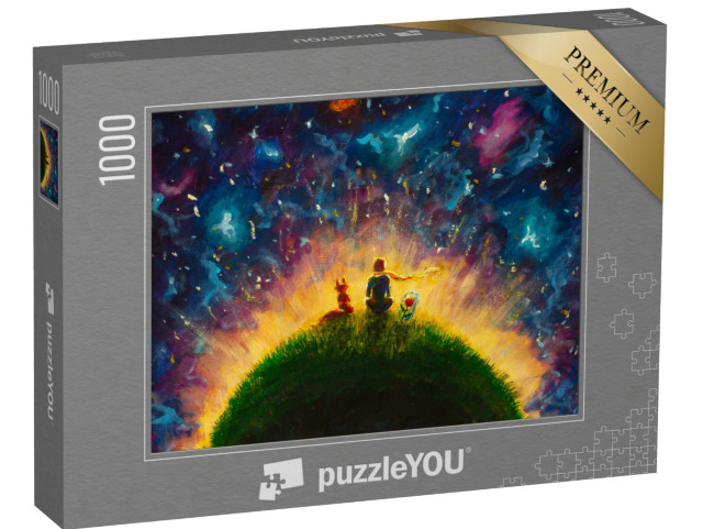 Puzzle 1000 pezzi „Il Piccolo Principe, la Volpe e la Rosa Rossa seduti nell'erba“