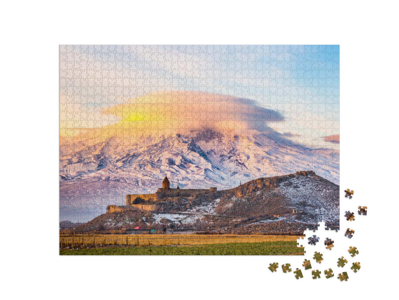 Puzzle 1000 pezzi „Alba sul monastero di Khor Virap e sul Monte Ararat, Armenia“