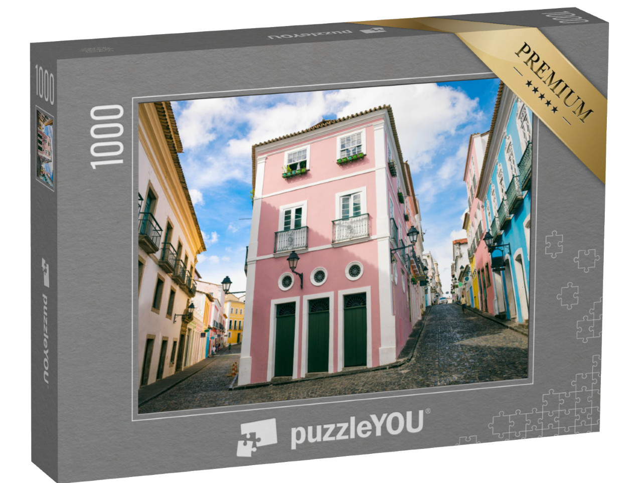 Puzzle 1000 pezzi „Strade acciottolate con la colorata architettura coloniale, Salvador, Brasile“