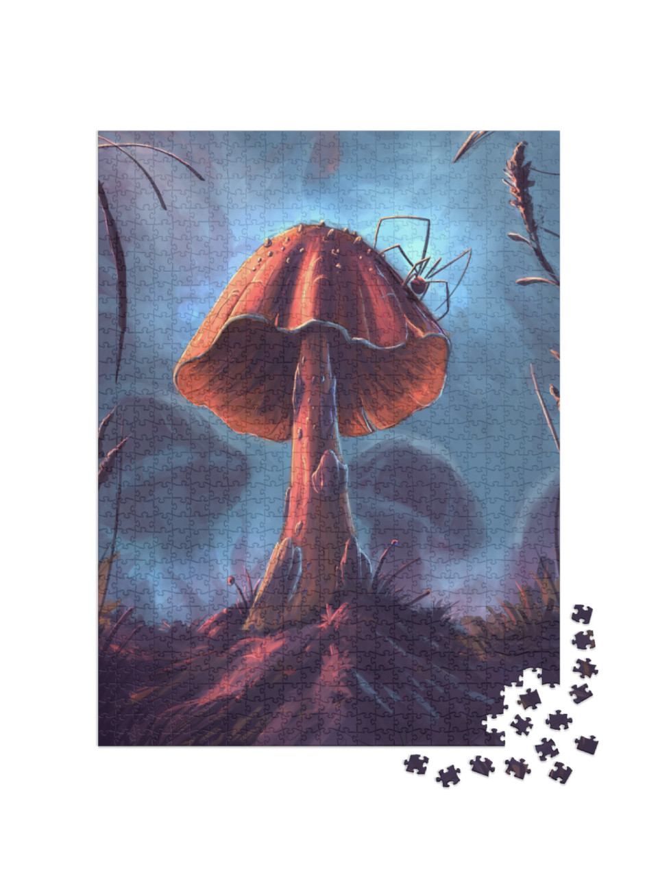 Puzzle 1000 pezzi „Un fungo di fantasia con ragno, illustrazione digitale“