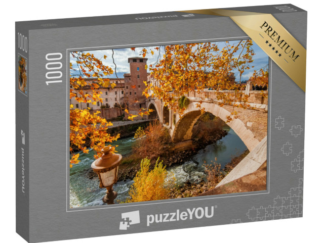 Puzzle 1000 pezzi „Autunno e foliage a Roma. Foglie arancioni e gialle vicino all'Isola Tiberina con l'antico ponte romano“