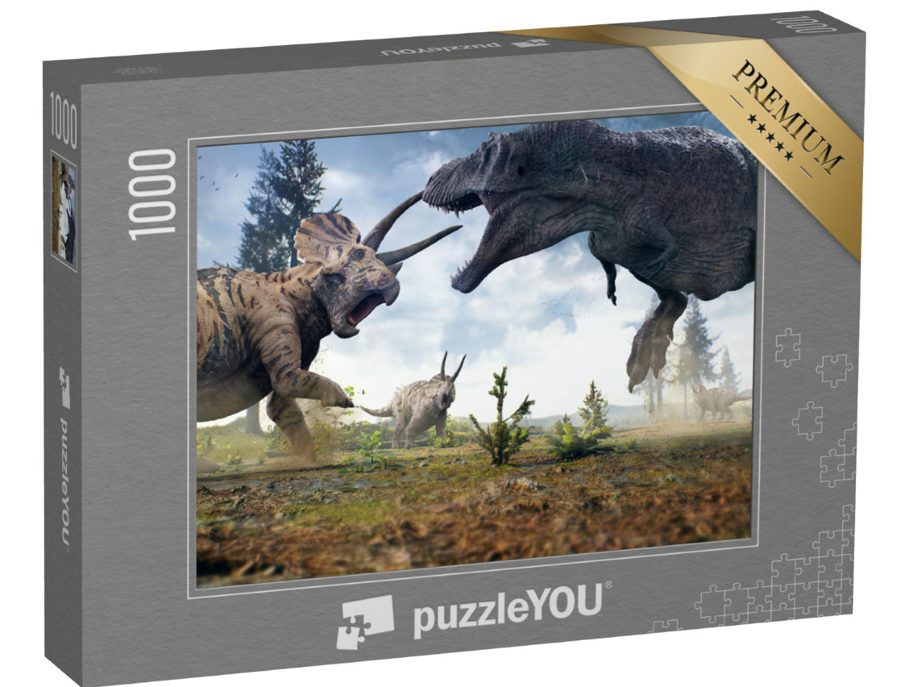 Puzzle 1000 pezzi „Un Tyrannosaurus Rex in battaglia contro un branco di Triceratopi“