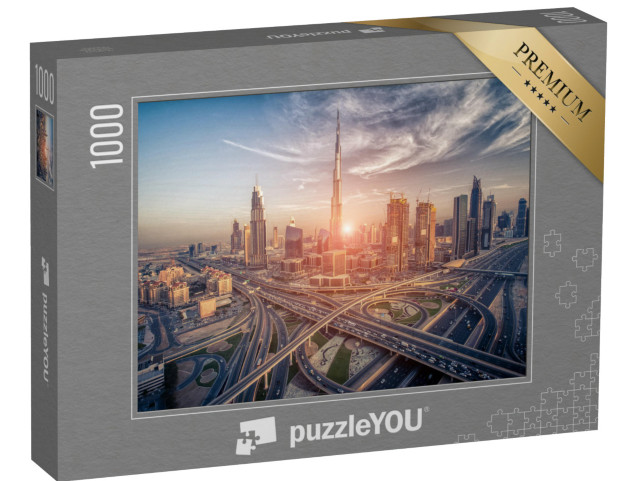 Puzzle 1000 pezzi „Lo skyline di Dubai con la splendida città e l'autostrada“