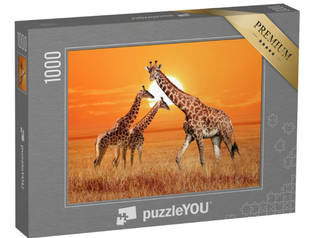 Puzzle 1000 pezzi „Giraffa con i suoi due piccoli, Parco Nazionale del Serengeti, Tanzania“