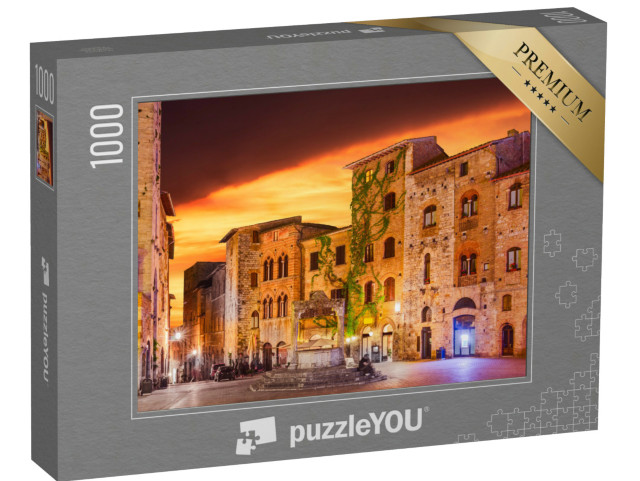 Puzzle 1000 pezzi „San Gimignano: Piazza della Cisterna, centro storico fortificato in Italia, noto come Manhattan medievale“