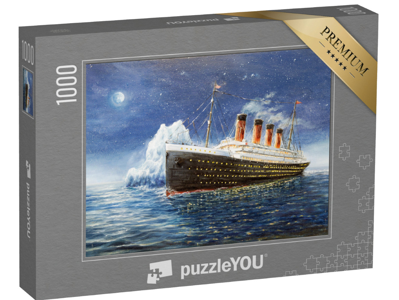 Puzzle 1000 pezzi „Dipinto a olio: Il Titanic si schianta contro l'iceberg“