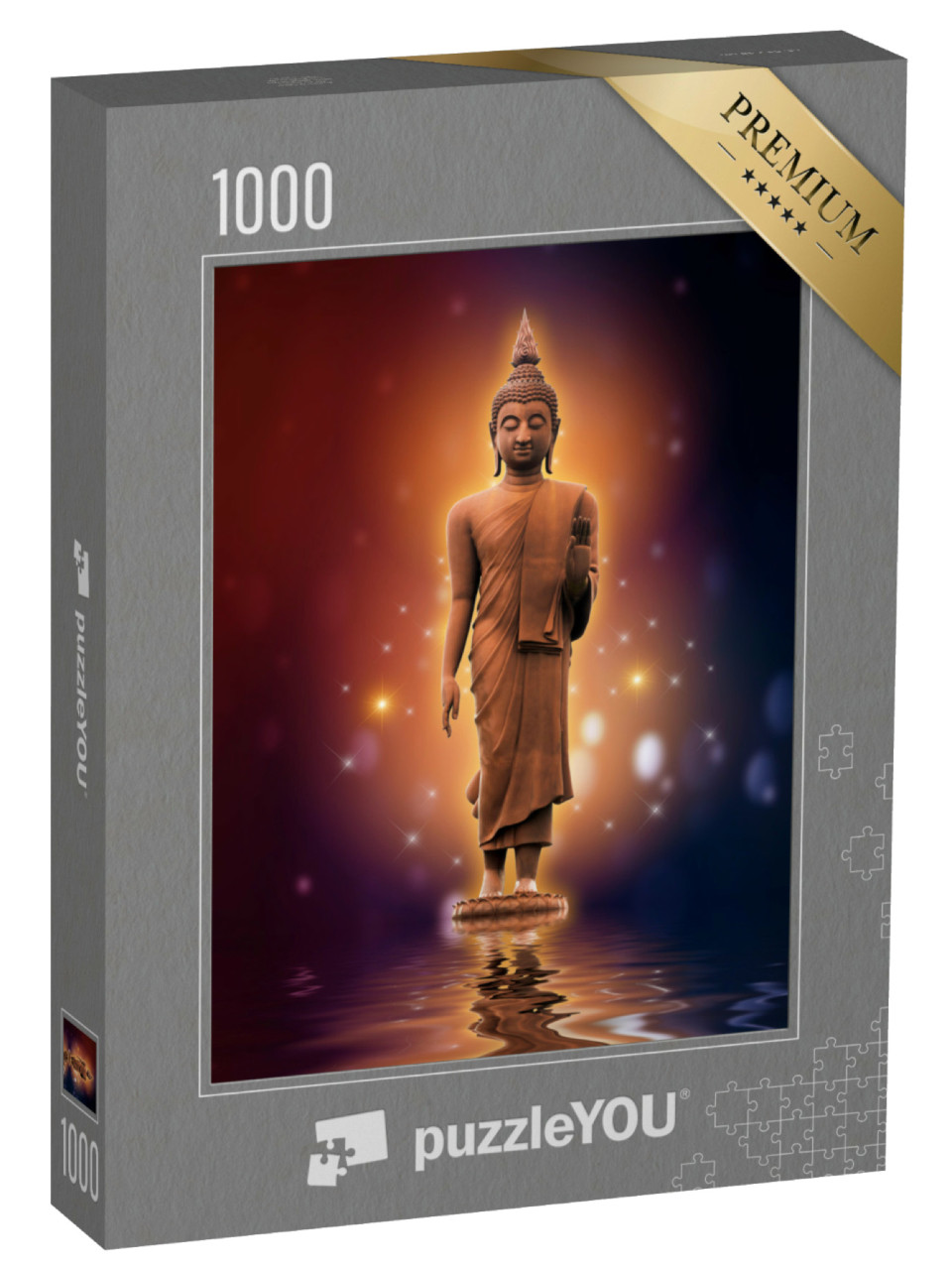 Puzzle 1000 pezzi „Statua di Buddha sull'acqua con sfondo dorato“