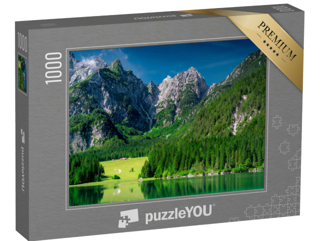 Puzzle 1000 pezzi „Lago Fusine con le Alpi Giulie sullo sfondo, Tarvisio, Italia“