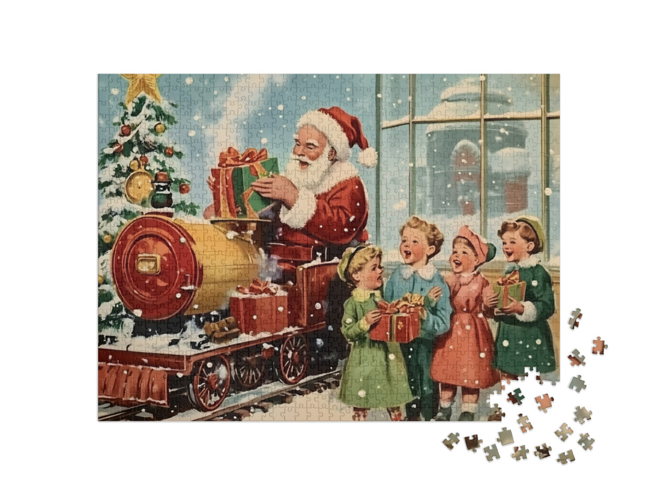 Puzzle 1000 pezzi „Motivo natalizio vintage: Babbo Natale con bambini che cantano“