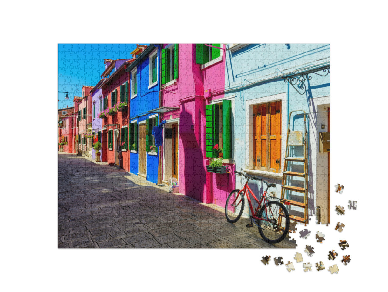 Puzzle 1000 pezzi „Strada con edifici colorati sull'isola di Burano, Venezia, Italia“
