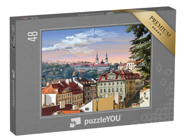 Puzzle 48 pezzi „Paesaggio panoramico di Praga con disegno vettoriale a mano, Repubblica Ceca“