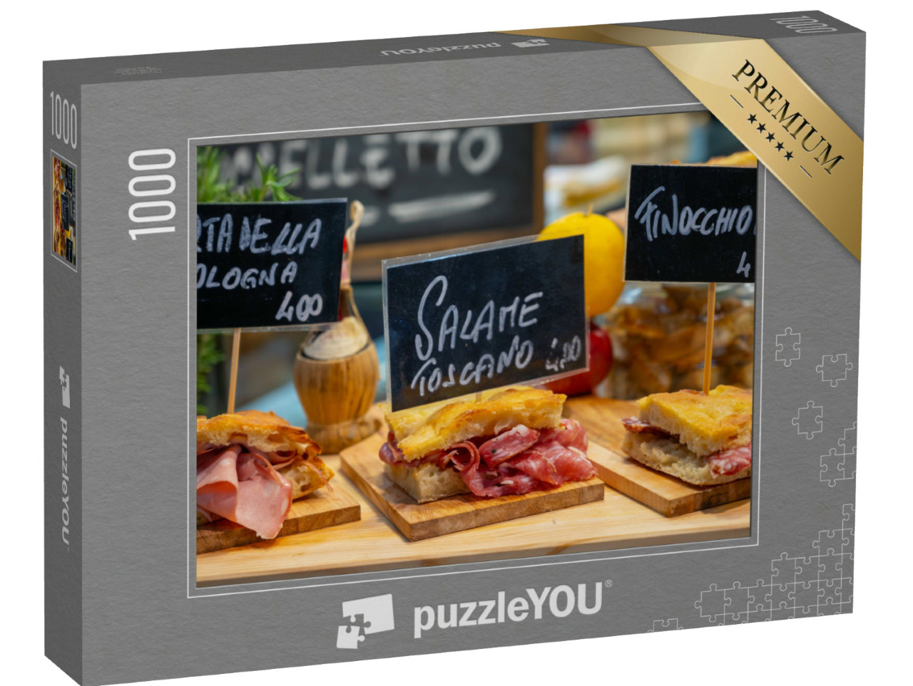 Puzzle 1000 pezzi „Cibo di strada italiano, panini al prosciutto di Parma, pane con salumi in un mercato di Firenze“