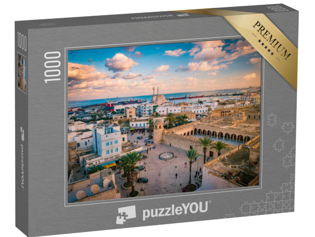 Puzzle 1000 pezzi „Tramonto su Sousse, paesaggio urbano con moschea e porto, Tunisia“