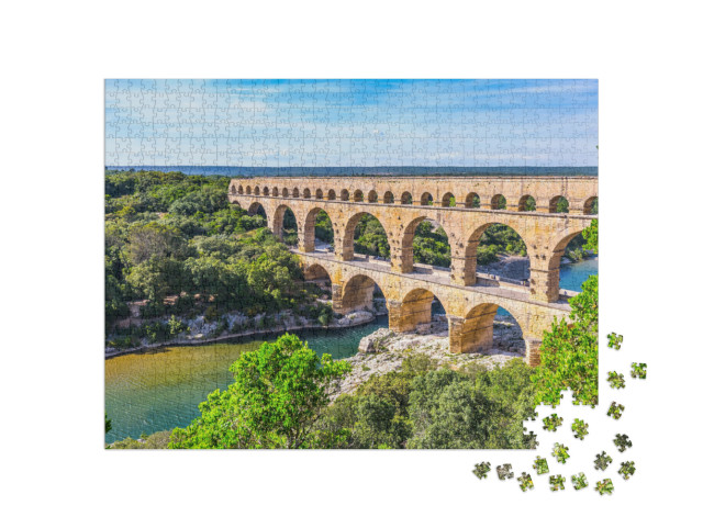 Puzzle 1000 pezzi „L'acquedotto a tre stadi di Pont du Gard, Provenza“